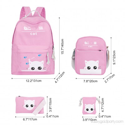 Vbiger Chic Canvas Backpack Set 4-in-1 Shoulder Bags Casual Student Daypack for Teenage Girls, Cute Cat Pattern, Pink